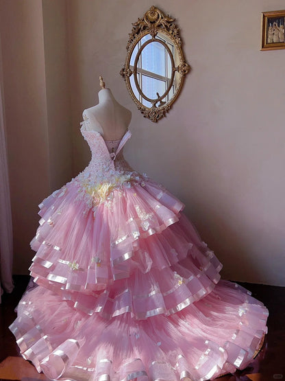 Dreamy Princess Pink Tube Top 3D Flower Beaded Lace Tulle Cake Skirt Trailing Wedding Dress P3062
