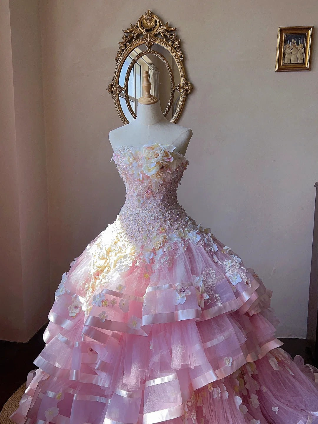 Dreamy Princess Pink Tube Top 3D Flower Beaded Lace Tulle Cake Skirt Trailing Wedding Dress P3062