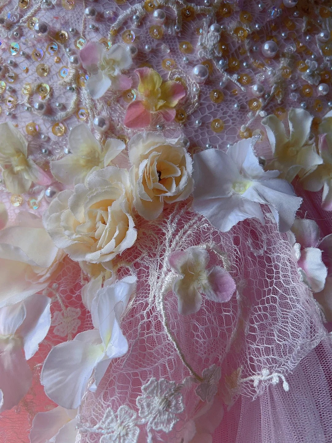 Dreamy Princess Pink Tube Top 3D Flower Beaded Lace Tulle Cake Skirt Trailing Wedding Dress P3062