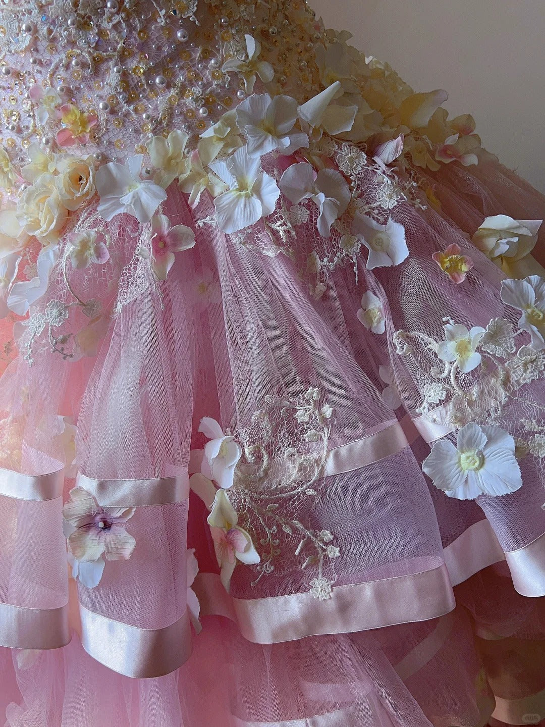 Dreamy Princess Pink Tube Top 3D Flower Beaded Lace Tulle Cake Skirt Trailing Wedding Dress P3062