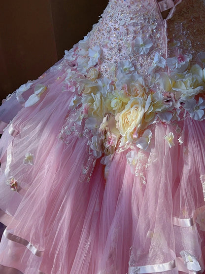 Dreamy Princess Pink Tube Top 3D Flower Beaded Lace Tulle Cake Skirt Trailing Wedding Dress P3062