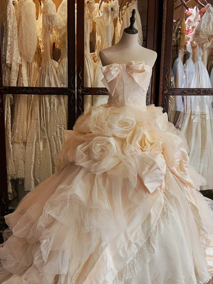 Princess Fishbone Tube Top Heavy Bow Rose Floor-Length Wedding Dress P3063