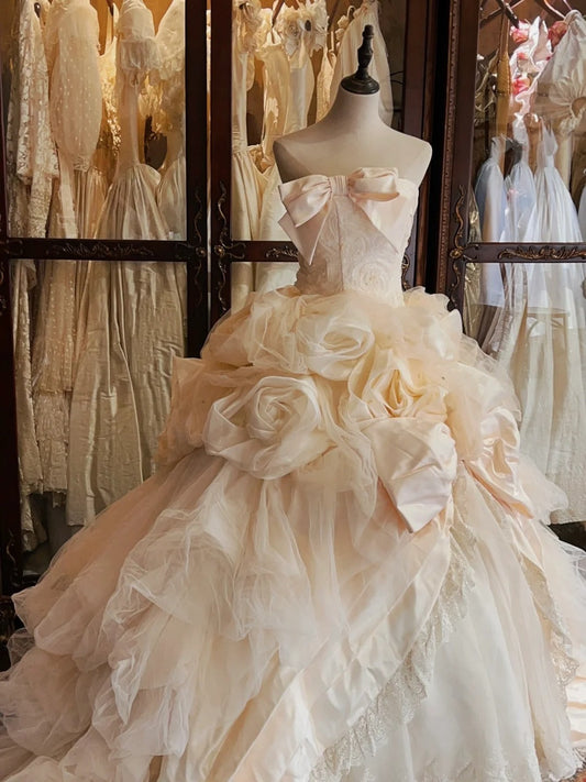 Princess Fishbone Tube Top Heavy Bow Rose Floor-Length Wedding Dress P3063