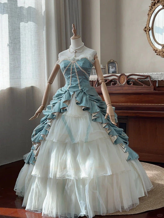 Elegant blue sweetheart neckline white cake skirt tulle floor-length wedding dress P3065