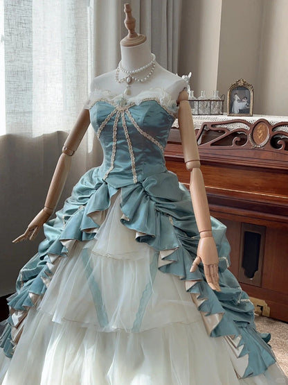 Elegant blue sweetheart neckline white cake skirt tulle floor-length wedding dress P3065