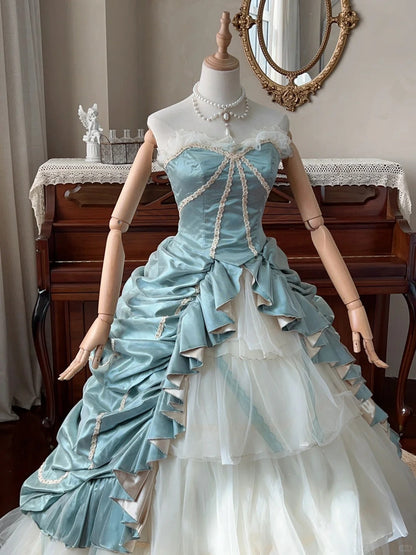 Elegant blue sweetheart neckline white cake skirt tulle floor-length wedding dress P3065