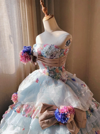 Dreamy light blue tube top 3D flower handmade beaded sequined trailing wedding dress P3067