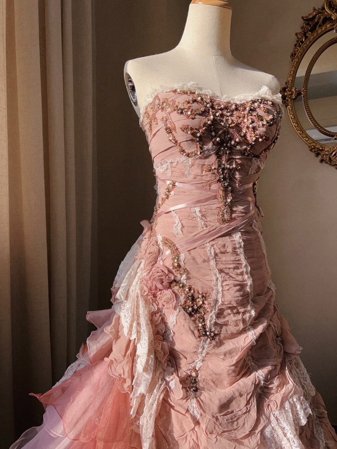 Beautiful Pink Rose Slim Skirt Pleated French Lace Mermaid Wedding Dress P3068