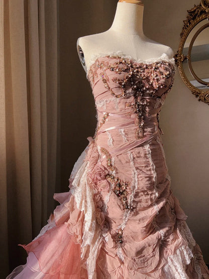 Beautiful Pink Rose Slim Skirt Pleated French Lace Mermaid Wedding Dress P3068