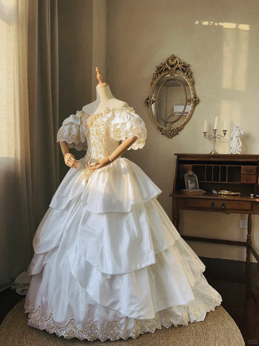 Princess White Satin Drop Shoulder Beaded Petal Skirt Floor-Length Wedding Dress P3069