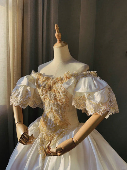 Princess White Satin Drop Shoulder Beaded Petal Skirt Floor-Length Wedding Dress P3069