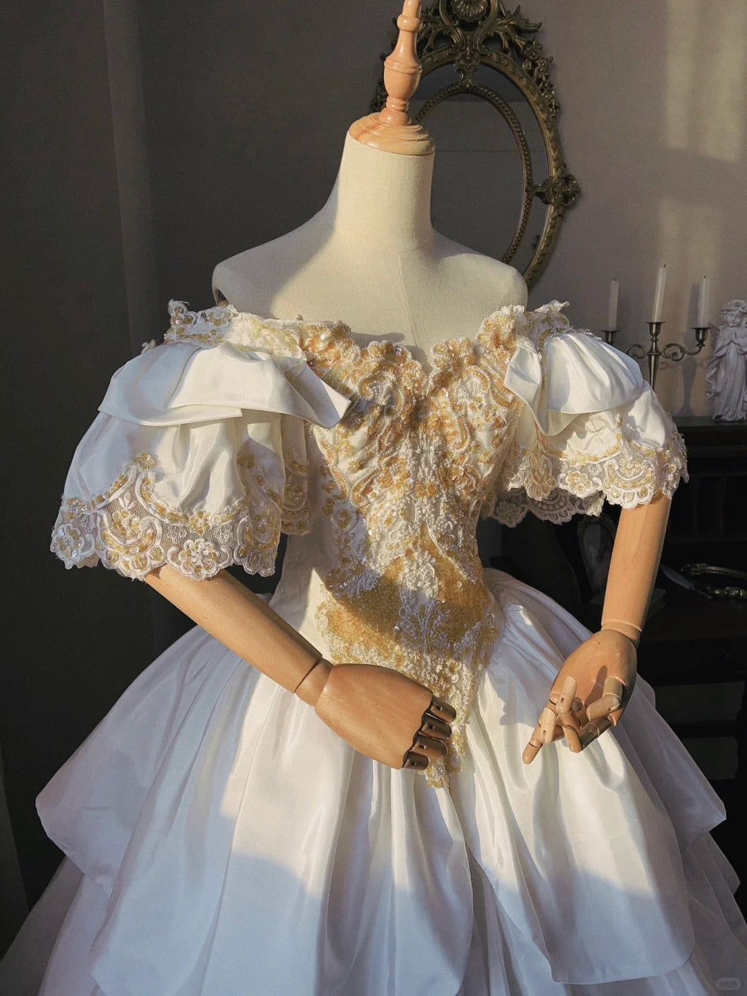 Princess White Satin Drop Shoulder Beaded Petal Skirt Floor-Length Wedding Dress P3069