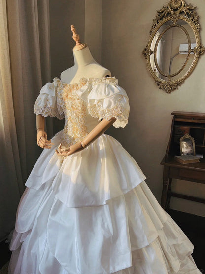 Princess White Satin Drop Shoulder Beaded Petal Skirt Floor-Length Wedding Dress P3069