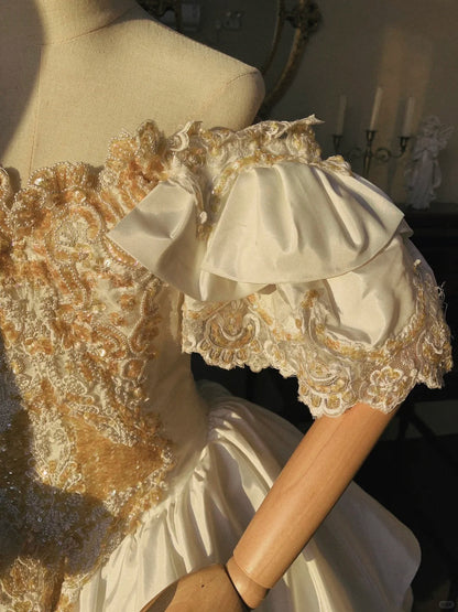 Princess White Satin Drop Shoulder Beaded Petal Skirt Floor-Length Wedding Dress P3069