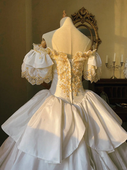 Princess White Satin Drop Shoulder Beaded Petal Skirt Floor-Length Wedding Dress P3069