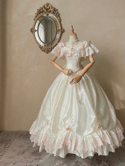 Vintage Elegant White Satin Pink Lace Princess Skirt Wedding Dress P3070