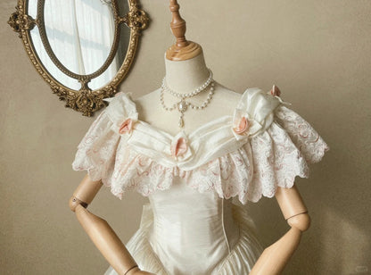 Vintage Elegant White Satin Pink Lace Princess Skirt Wedding Dress P3070