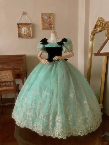 Fresh aqua velvet with one-shoulder tulle braided lace puffy skirt wedding dress P3072