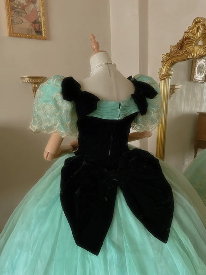 Fresh aqua velvet with one-shoulder tulle braided lace puffy skirt wedding dress P3072