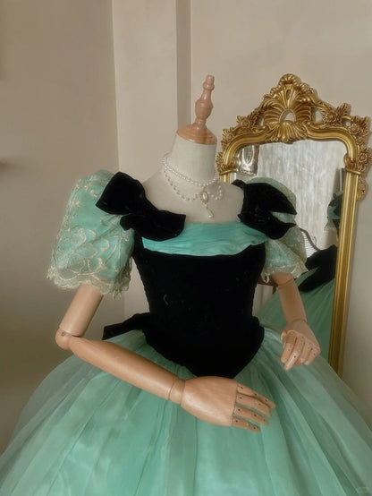 Fresh aqua velvet with one-shoulder tulle braided lace puffy skirt wedding dress P3072