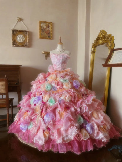 Pink Tulle Strapless Wedding Dress with Flowers and Flowers Fantasy Fluffy Princess Floor-length Wedding Dress P3074