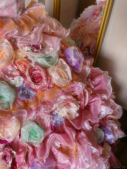 Pink Tulle Strapless Wedding Dress with Flowers and Flowers Fantasy Fluffy Princess Floor-length Wedding Dress P3074