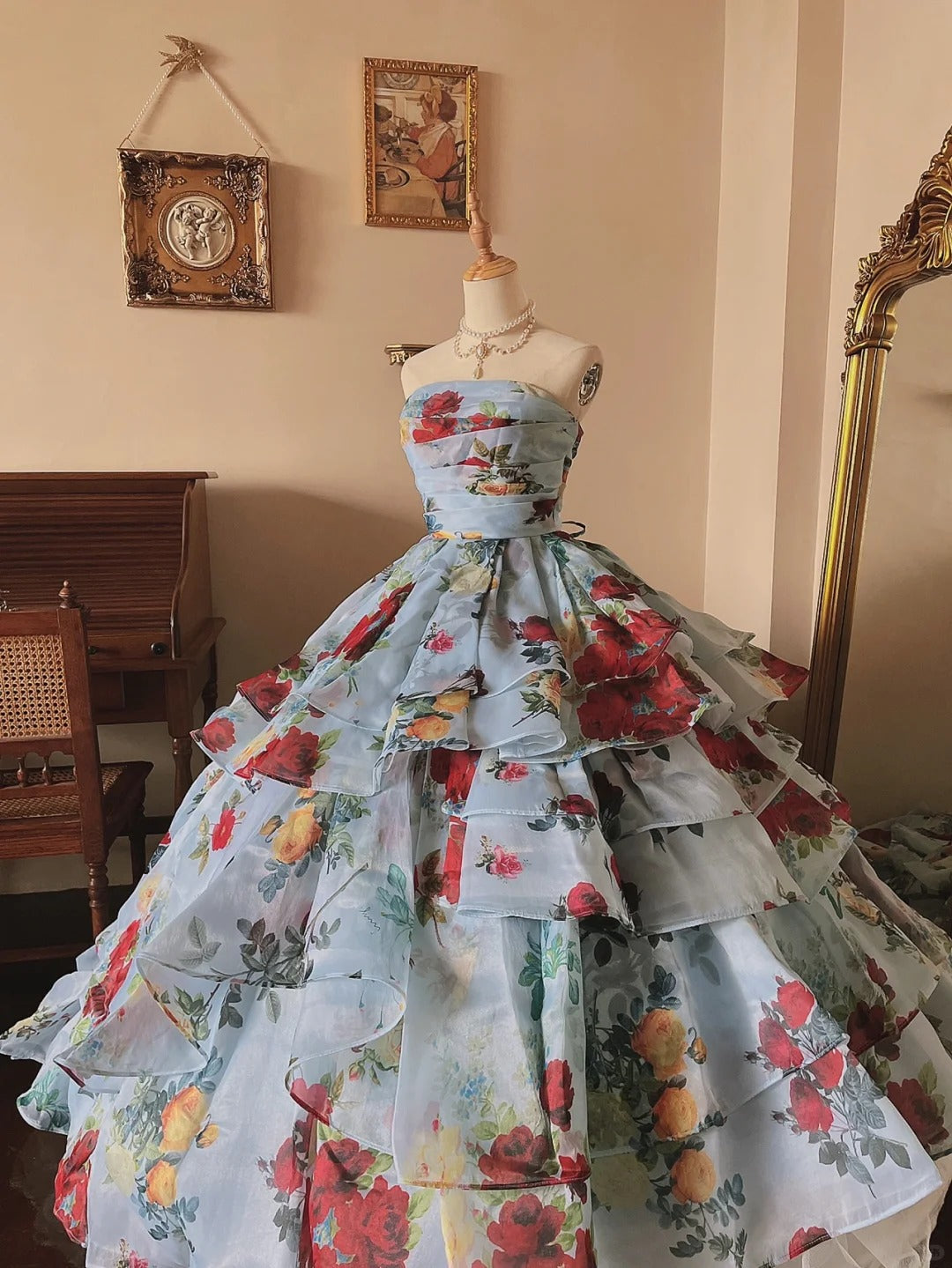 Glacier Blue Rose Print Lightweight Flowing Tulle Strapless Floor-Length Wedding Dress P3075