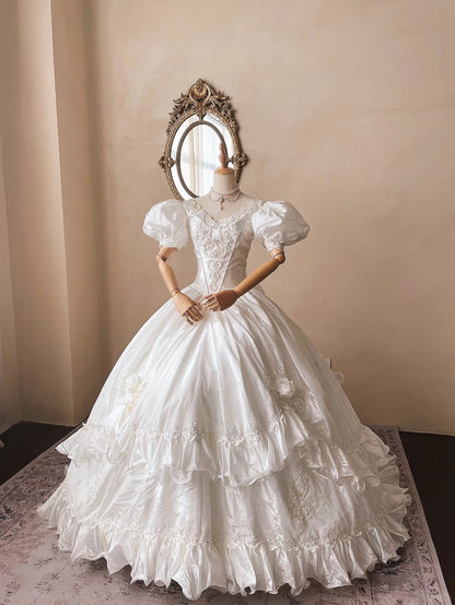 French Retro V-neck Beaded Puff Sleeve Satin Princess Wedding Dress P3076