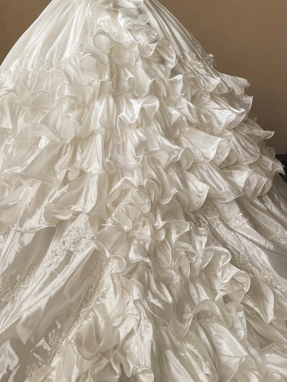 French Retro V-neck Beaded Puff Sleeve Satin Princess Wedding Dress P3076