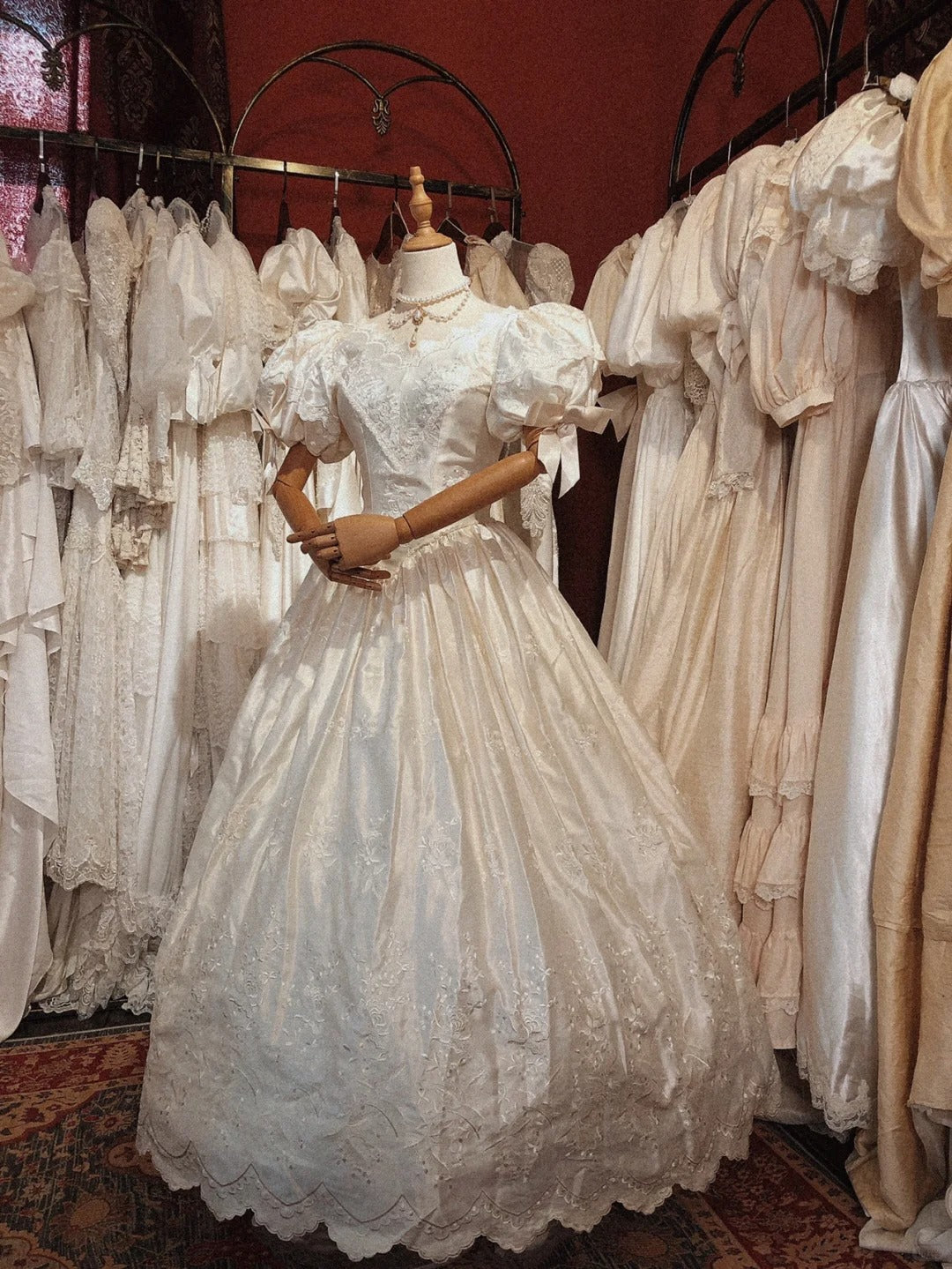 Elegant Embroidered V-Neck Satin Lace Trim Puff Sleeve Princess Wedding Dress P3079