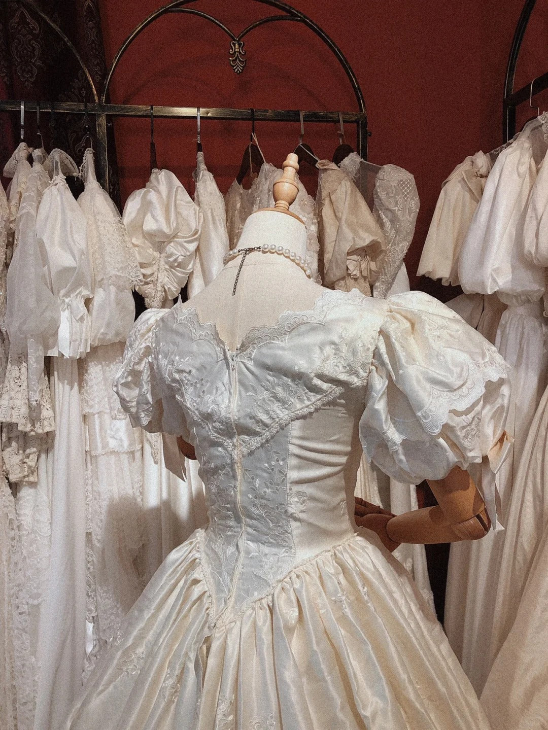 Elegant Embroidered V-Neck Satin Lace Trim Puff Sleeve Princess Wedding Dress P3079