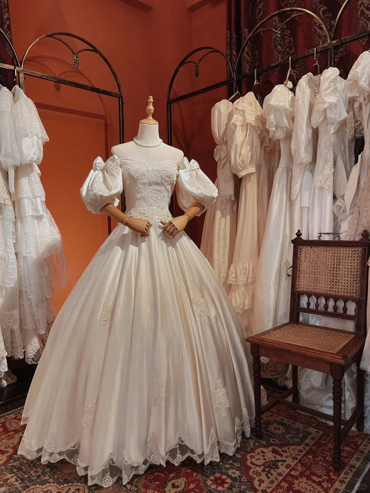 Simple One Shoulder Butterfly Sleeve Satin Lace Hem Wedding Dress P3082