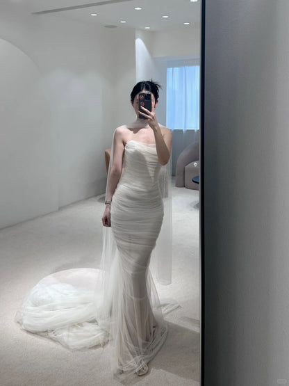 Elegant Layered Mesh Mermaid Train Wedding Dress P3085