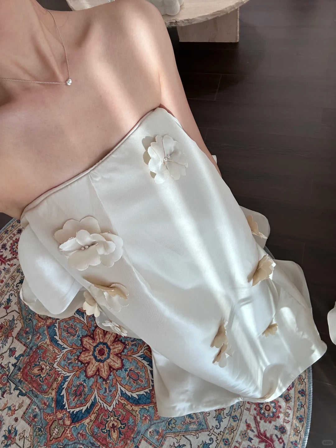 Loose Fitted Strapless 3D Floral Satin Wedding Dress with Train P3087