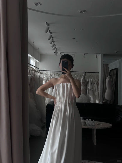 Elegant Bud Piano Key Pleated Pearl Satin Train Wedding Dress P3089