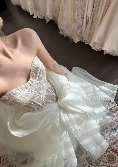 Beautiful white lace herringbone irregular skirt wedding dress P3090