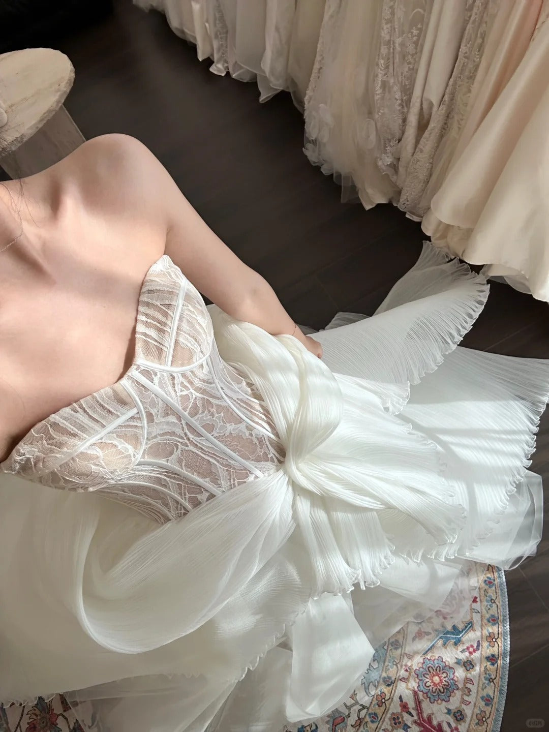 Beautiful white lace herringbone irregular skirt wedding dress P3090