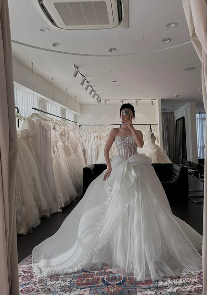 Beautiful white lace herringbone irregular skirt wedding dress P3090