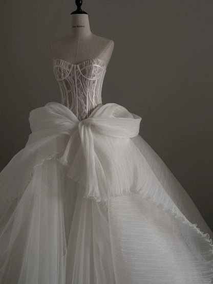 Beautiful white lace herringbone irregular skirt wedding dress P3090