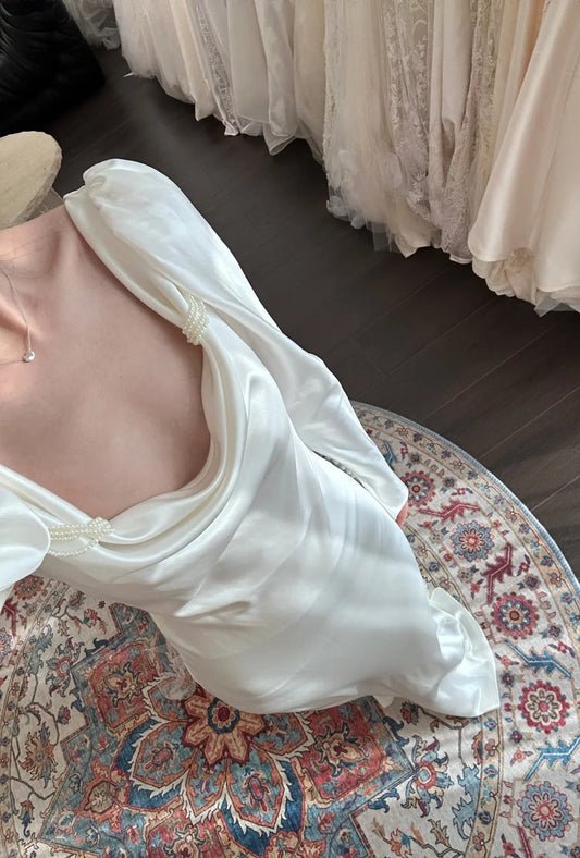 Vintage Lazy Long Sleeve Satin Mermaid Wedding Dress P3092