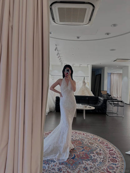 Sexy Lace Halter V-Neck Mermaid Train Wedding Dress P3093