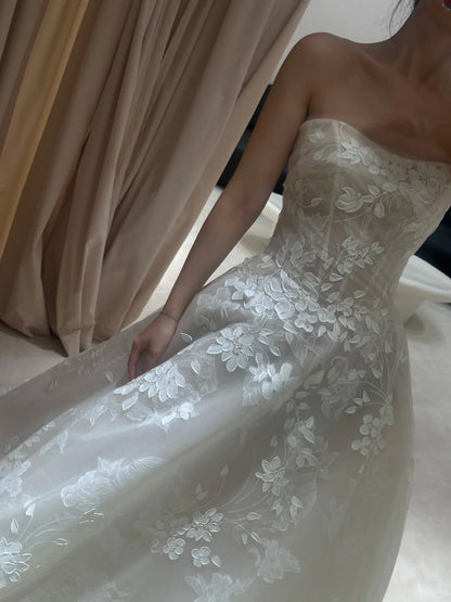 Gentle tube top lace pattern simple wedding dress P3095