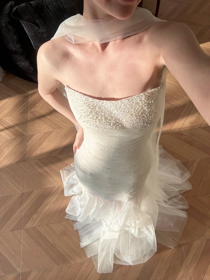 Stunning White Strapless Beaded Mermaid Tulle Wedding Dress P3096
