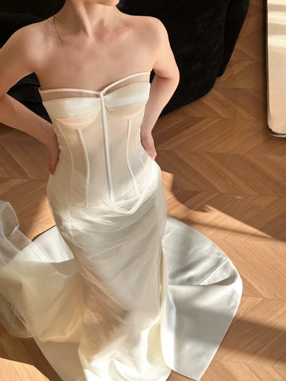Flowy Strapless Herringbone Bodice Satin Train Wedding Dress P3101