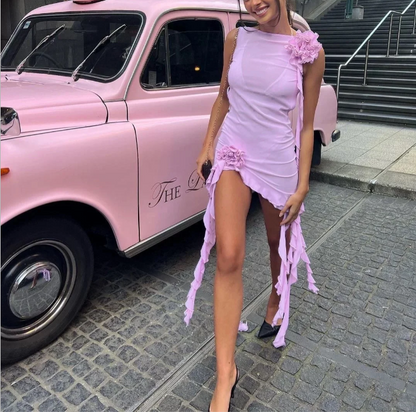 Sexy backless mesh see-through hollow pink birthday party homecoming dress P3114