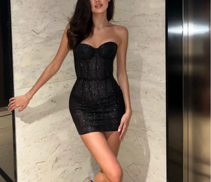 Black tight design hip-hugging glitter off-the-shoulder mini homecoming dress P3119