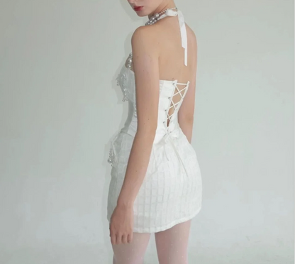 Heavy Industry Bow Pearl Fishbone Halter Neck White Birthday Party Homecoming Dress P3122