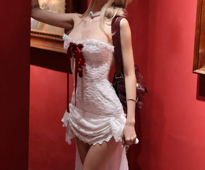 White and red satin lace tube top with short front and long back homecoming dress P3136