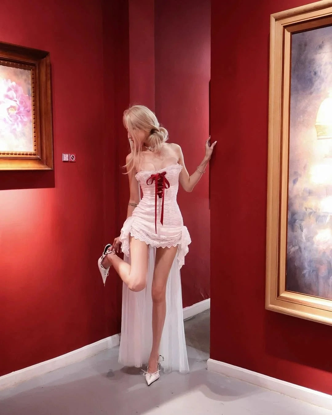 White and red satin lace tube top with short front and long back homecoming dress P3136