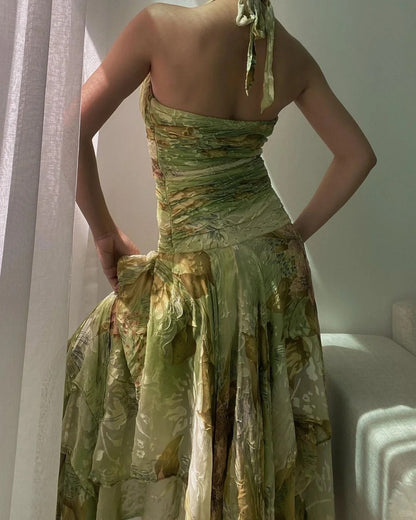 Vintage Green Printed Halter Neck Irregular Hem Homecoming Dress P3139